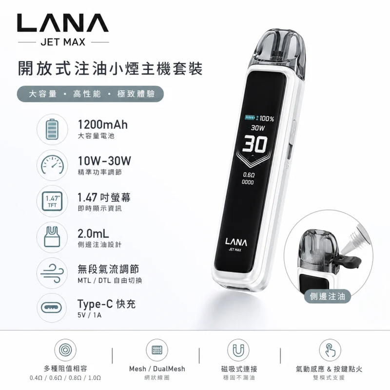 LANA Jet Max註油主機套裝 | 30W可調功率 · 智慧螢幕 · 7款風格